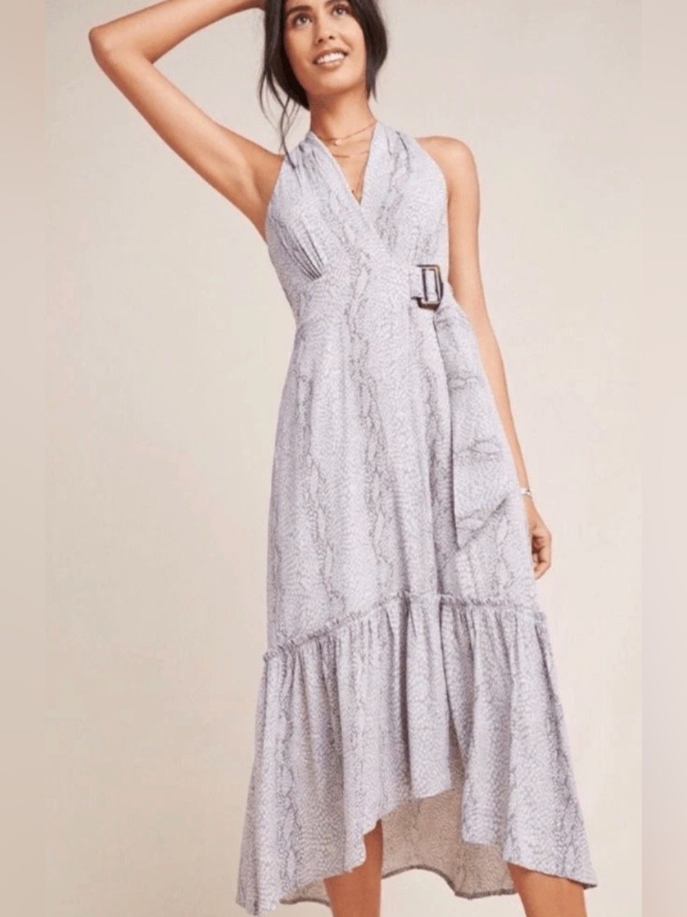ANTHROPOLOGIE NEW WITHOUT TAGS Light Gray SNAKESKIN PRINT Halter Faux Wrap MIDI